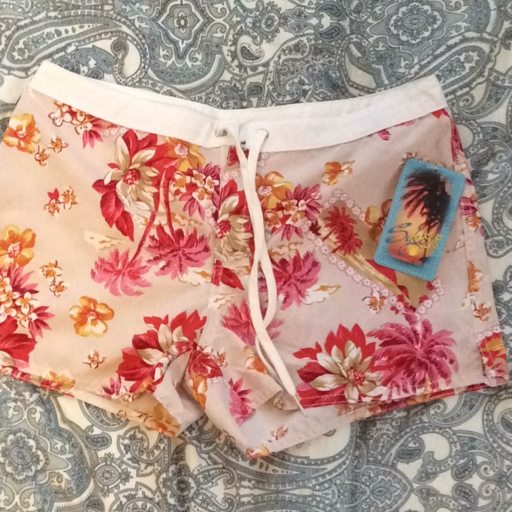 Hawaiian print board shorts